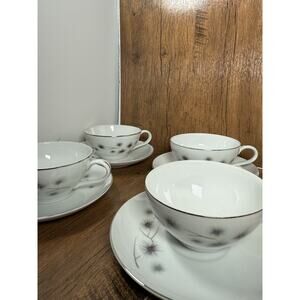 Set Of Four Vintage Creative Fine China Platinum Star Burst Coffee / Tea